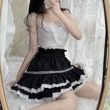 Black Lace Trim Ruffles Mini Skirt- Outfit