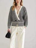 East Autumn And Winter V-Neck Knitted Shirt Buckle Cardigan New Striped Hit-Colored Sweater