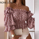 Women Off Shoulder Polka Dot Print Off Shoulder Layered Shirred Top Women Summer