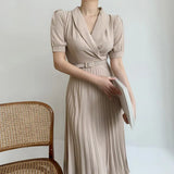 Women Elegant Casual Midi Dress Office Lady Puff Sleeve Pleated A-Line Dress 2022 Fashion