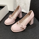 Zingj 2024 New Bow Buckle Belt Single Shoes Sweet Vintage French Pink Thick High Heels Mary Jane Shoes Woman-Outfit