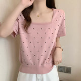 Zingj New Summer Printing Wave Point College Style Ice Silk T-Shirt Square Collar Short-Sleeved Sweater T-Shirt