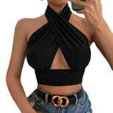 Summer Tank Tops Sexy Solid Color Cross Halter Neck Push Up Hollow Crop Tops 2022 New