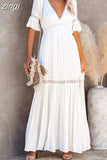 White Dress Women Lace High Waist Belted Maxi Dress Ladies Boho women long Beach Dress Loose Robe