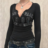 Number Letter Print Breasted Slim Long Sleeve Tee-Outfit