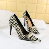Zingj Thousand Bird Case High Heels Slender High Heels Shallow Pointed Pearl Chain Plaid Women's Single
