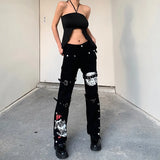 Zingj Cool Goth Wind Waist Print Washed Jeans 2024 Spring And Autumn New Leg Ring Straight