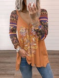 Collar Cotton Blend Pullover Print Long Sleeve Loose T-shirt