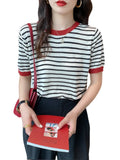 Zingj Silk Short-Sleeved Sweater Women's Thin Striped T-Shirt Large Size Korean Version Bottom Summer Half-Sleeved Chic