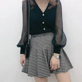 size Women's Spring Autumn Style Chiffon Blouses Shirt Women's Knitted Button Long Sleeve Solid Color Lace Patchwork