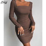 Square Collar Ruched Dresses Women Sexy Slim High Waist Casual Female Clothing Solid Long Sleeve Backless Mini