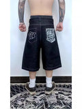 Pocket Embroidered Letter Print Jeans Men's Shorts Summer Vintage Super Wide-Legged