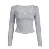 Zingj Girl Split Dense Edge Base Long Sleeve T Shirt Square Collar Wood Ear Bow Slim All-Match