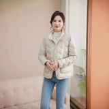 Autumn And Winter New Fashion Standing Collar Down Jacket Female Short Money Pressure Glue White Duck Velvet Light Warm Coat To Wear Both Sides-Outfit