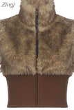 Grunge Vintage Brown Turtleneck Fur Vest Jacket Y2K Sleeveless Autumn Winter Coat Furry Sexy Short Overcoat