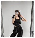 New Bright Line White T-shirt Women Fashion Slim Square Neck Short Sleeve Cropped Tops