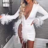 Sexy See Through Sequin Mesh Patchwork Dresses Women Deep V White Feather Mini Party Dress Ladies Nightclub