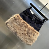 Faux Fur Patchwork Denim Mini Skirt- Outfit