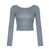 Zingj Low Round Collar Sexy Back Striped T Shirt Women's Slim Knit Long Sleeve Bottom