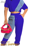 Workout Jean Patchwork Women Two 2 Piece Set Outfits Sweatsuit 2023 Summer Tee and Jogger Pants Matching Set