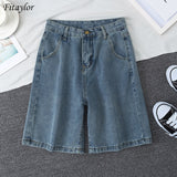 2022 New Summer Women High Waist Blue Wide Leg Denim Shorts Casual Female Solid Streetwear Stright Jeans Bermuda