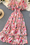 Women Floral Printed Long Dress Sexy V-Neck Short Sleeve High Waist Ruffle Beach Vacation Vestidos Female Maxi Robe