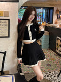 New Hight Waist Skirt 2 Piece Suit Korean Chic Patchwork Knitted Outfits Y2k Short Jumper Pleats Mini Skirt Set