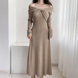 Zingj Hepburn Style Advanced Sexy Shoulder Black Long-Sleeved Knitted Dress Women's Autumn Temperament Slim