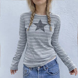 Striped Five-Pointed Star Leisure T-Shirt Women's Autumn Daily Simple Commuter Star Hit Color Long-Sleeved