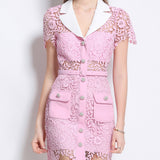Luxury Gold High-End Feeling Short-Sleeved Dress Women's Summer Hollow Hook Flower Embroidery Suit Collar Temperament Cum