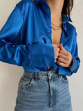 Long Sleeve Blouses Women Tops 2023 Vintage Blue Green Silk Shirt Casual Loose Button Up Female Shirts Fashion Tops