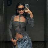 2025 Fashion Trend Women's New Long-Sleeved Square Necker Repair Exposed Umbilly Mesh Perspective