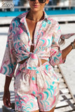 2pcs Beach Styles Satin Sets Women Fashion Scenery Pattern Button-down Shirts and Shorts 2023 New Summer Casual