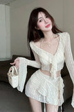 Girl Pure Sexy Suit Women's Autumn Lace Halter Neck V-Neck Top Irregular High Waist Chiffon Mini Skirt FashionTwo-piece