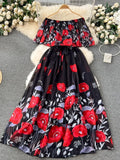 Series Holiday Dress Women's 2024 New Design Feeling Printed Lotus Leaf Edge One Word Shoulder-Length Chiffon