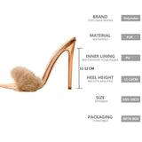 Onlymaker Peep Toe Mules Artificial Fur Slip On Gold White Thin High Sandals Big Size High Quality Summer Women Brand