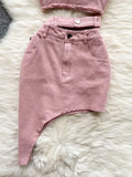 Pink Denim Sexy Women Sets Elegant Zipper Suspenders Tops Sashes Button Pocket Irregular Slash Neck Slim Two Piece