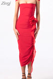 Elegant Women 3D Flower Patchwork Long Dress Sleeveless Ruffles Ruched Slim Fit Bodycon Dress Party Cocktail