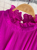 Women Pleated Midi Dress Purple/Red/White Stand Collar Short Flare Sleeve High Waist A-Line Ruffle Party Vestidos