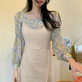 Women Blouses Liva Girl Korean Blouse Top Floral Square Collar Camisa Lantern Sleeves Sweet Versatile Chiffon