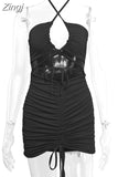 Women Solid Bodycon Dress Plain Cross Halter Ruched Tie-Up Hollow-Out Hip Dress Sexy Ladies Tight Short Party