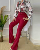 Trend Casual Leaf Print Buttoned Shirt &amp; High Waist Pants Sst Two Pieces Set Women Tracksuit Office
