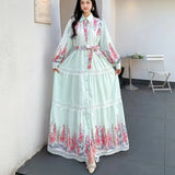 And Autumn New Women's Collar Bubble Sleeve Lantern Long-Sleeved Lantern With Belt Positioning Print Single Buckle