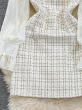 Fashion Women Woolen Tweed Dress Autumn Winter Plaid Tweed Patchwork Chiffon Long Sleeve A Line Elegant Short