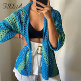 2021 Women Blue Stripe Loose Long Sleeve Cardigan Autumn Oversized Casual Beach Sexy Knitted Sweater