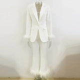 New Fashion Temperament Real Feather Ostrich Hairy Blazer Nine-Point Trouser Suit Two