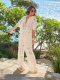 Women's Crochet Hollowed Out Lapel Single Breasted Top Set Chic Solid Printed Wide Leg Pants Suits 2024 Commuter Vacation