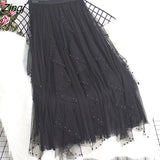 Pearl Pleated Tulle Skirt For Women Autumm Korean Irregular Beaded Wave Cut Elastic High Waist Mesh Pleated