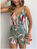 Print Summer Overalls Sexy Sleeveless Romper Women High Waist Bandage Spaghetti Strap Playsuit Outfits Beach