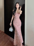 Pink Spaghetti Strap Sequin Sleeveless Open Back Long Dress 2023 Summer Party Dresses For
